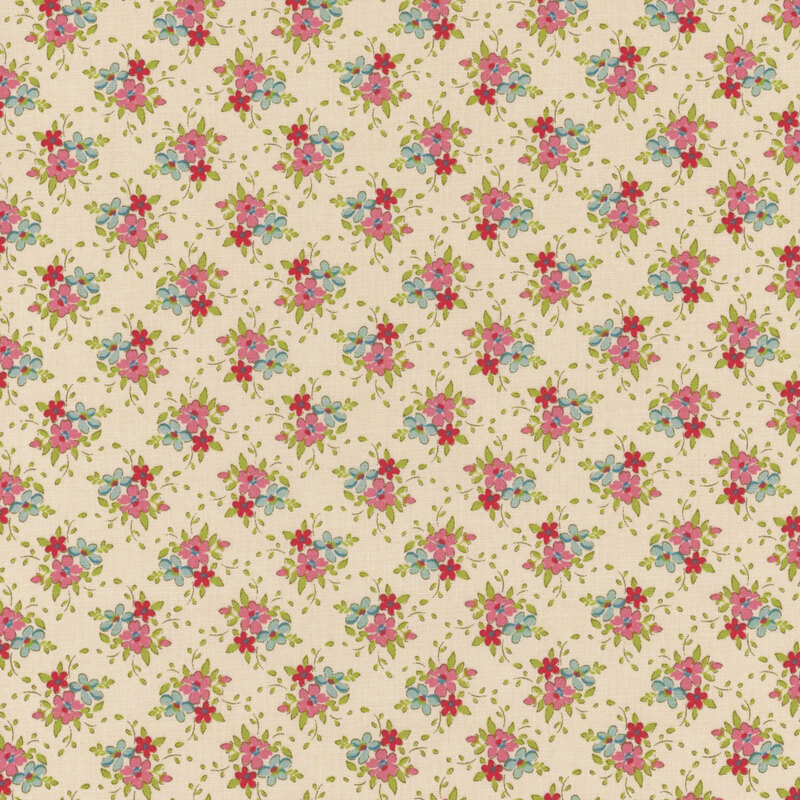 Cream fabric with clusters of pink, red, and blue flowers with green leaves