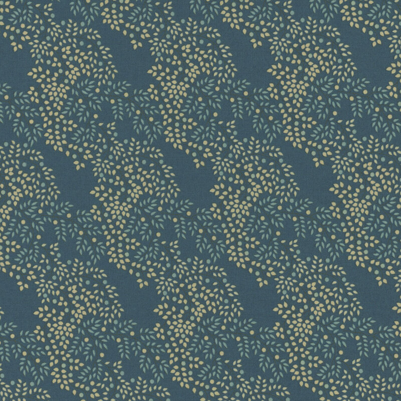 Dark teal fabric with diagonal rows of branches with teal and cream leaves and berries