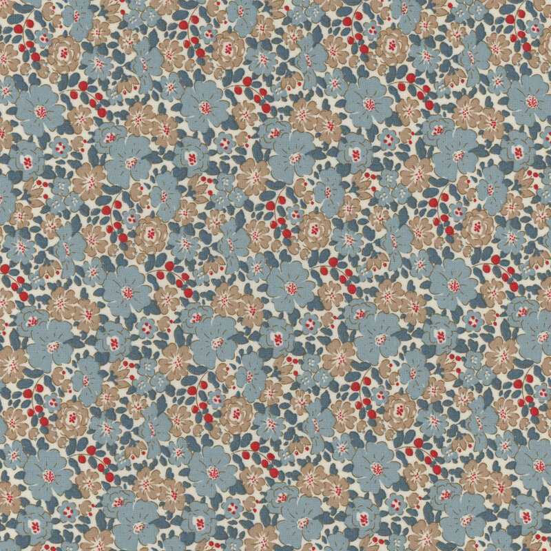 White fabric with blue and taupe flowers with teal leaves and red berries