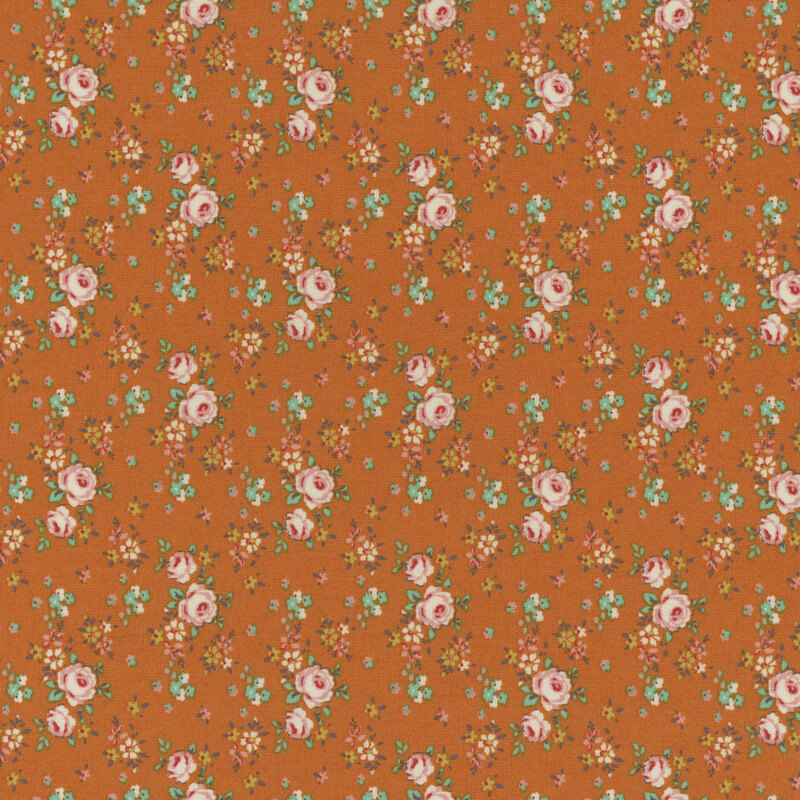Orange fabric with clusters of pink roses and aqua flowers spaced evenly all over