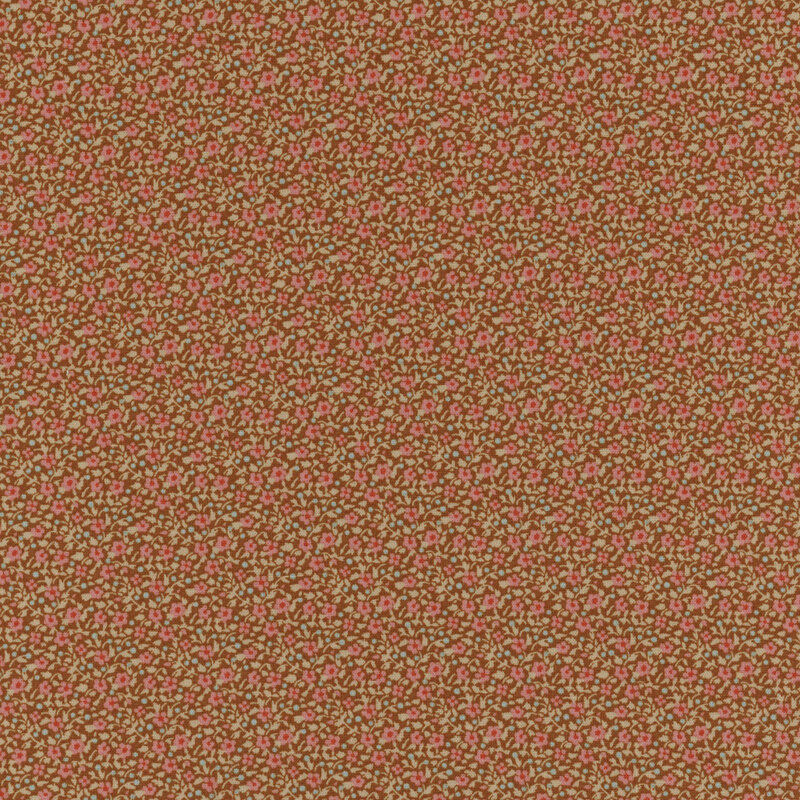 Brown fabric with tiny pink flowers, green leaves, and blue dots.