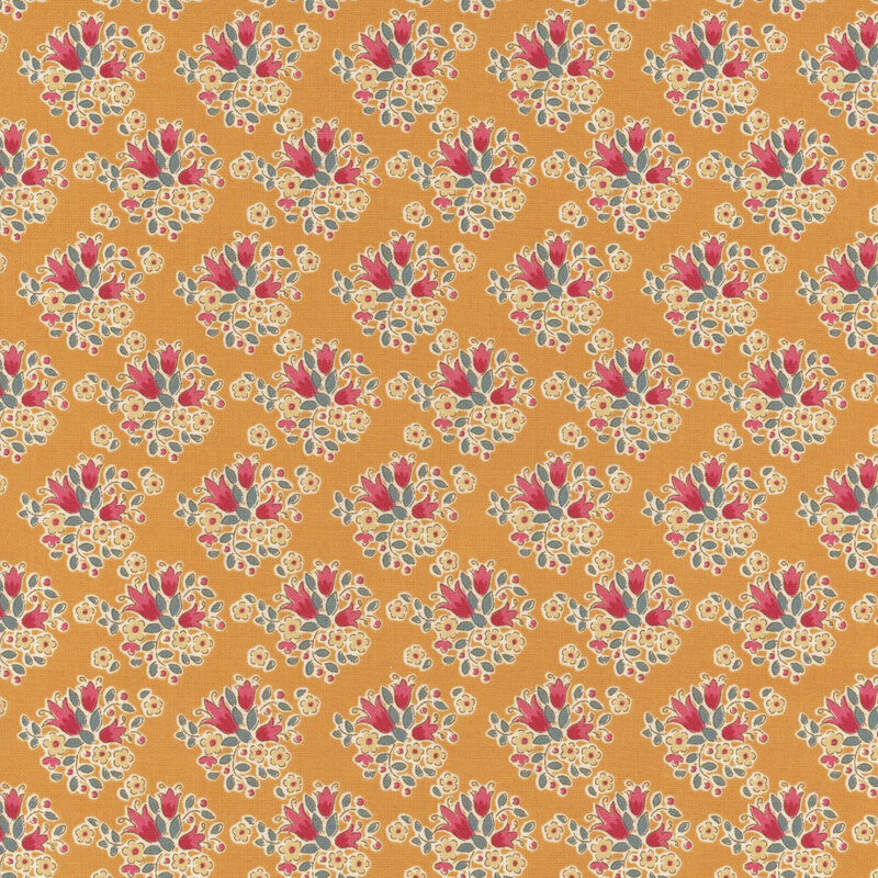 Yellow fabric with clusters of upright red and pink flowers with green leaves.