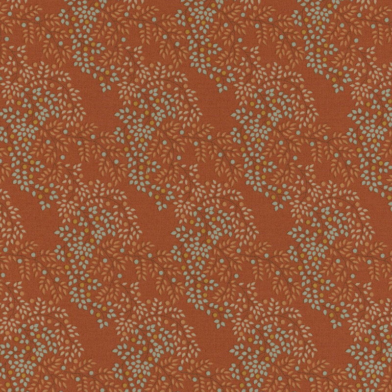 Burnt orange fabric with branches featuring orange, cream, and aqua leaves and berries