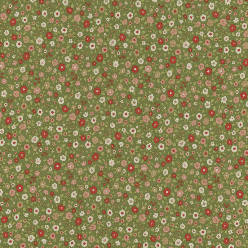 Green fabric with red, pink, and white flowers tossed all over