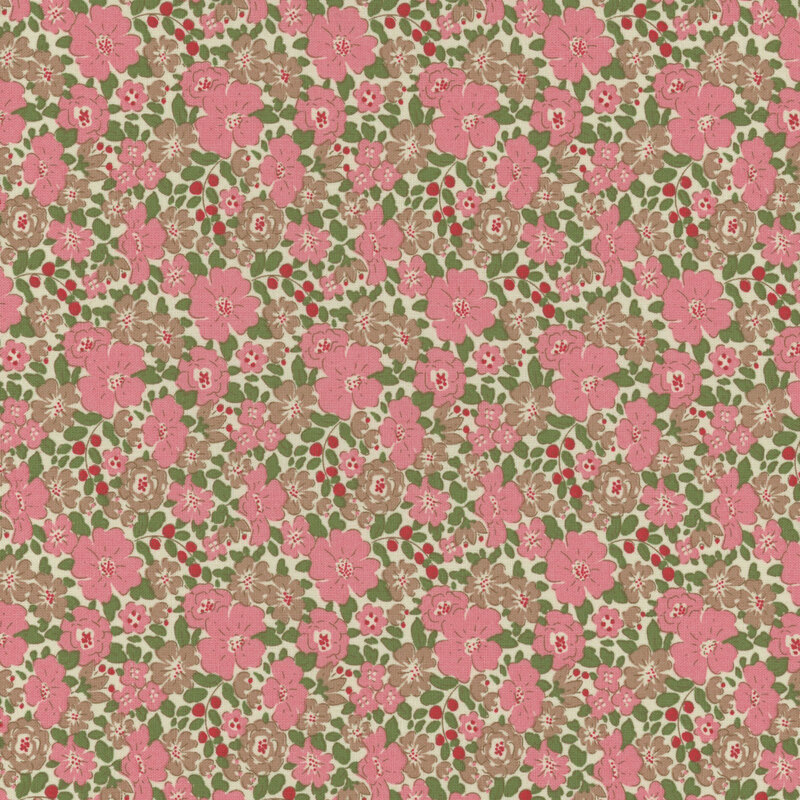 White fabric with pink and taupe flowers and green leaves with red berries