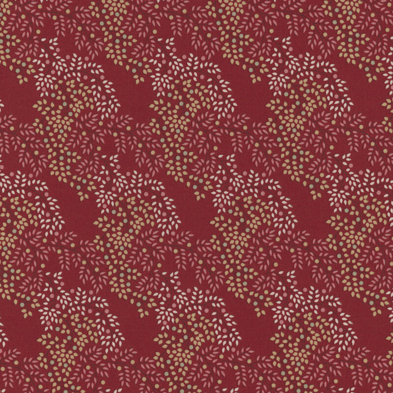 Burgundy fabric with branches featuring red, cream, and pink leaves and berries