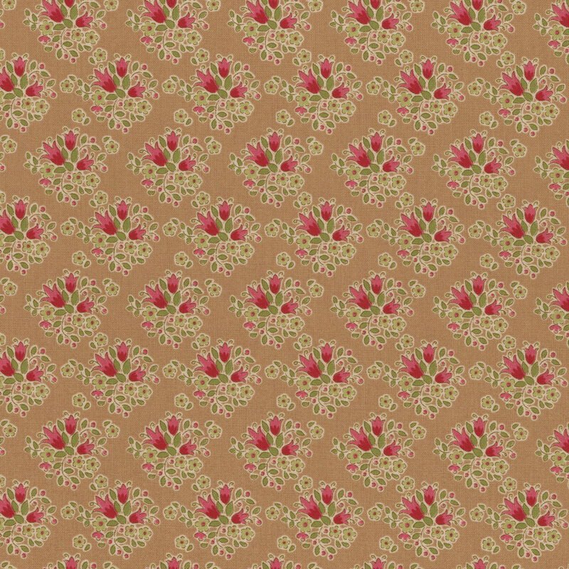 Light brown fabric with upright pink and red flowers with green leaves