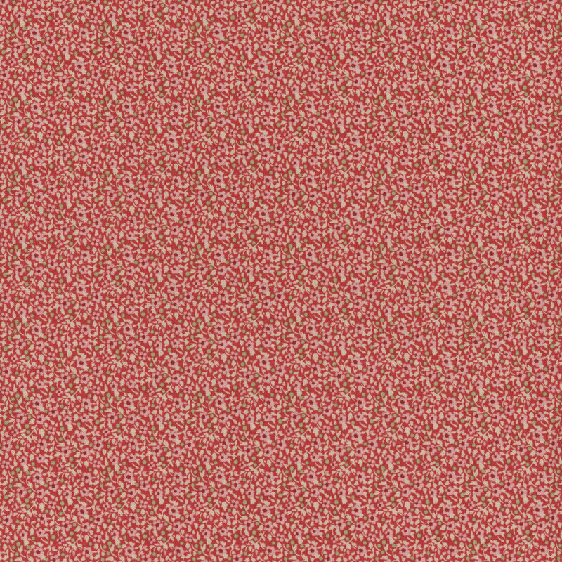 Red fabric with tiny pink flowers and cream leaves with green dots