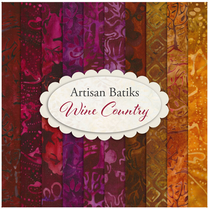 Collage of the red and ochre vineyard fabrics included in the Wine Country - Artisan Batiks collection.