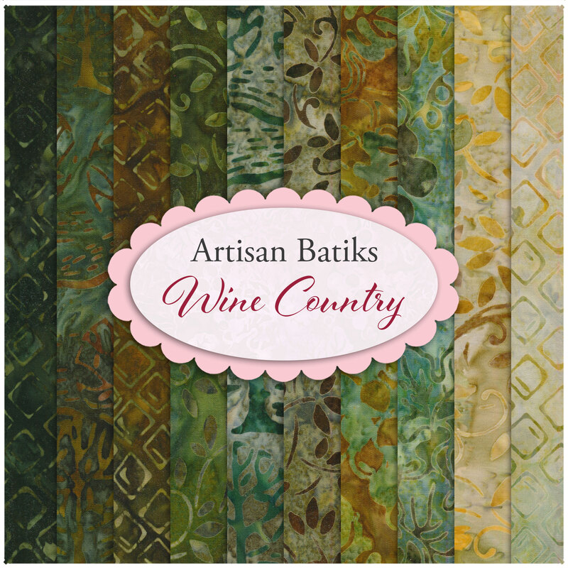 Collage of the green and tan vineyard fabrics included in the Wine Country - Artisan Batiks collection.