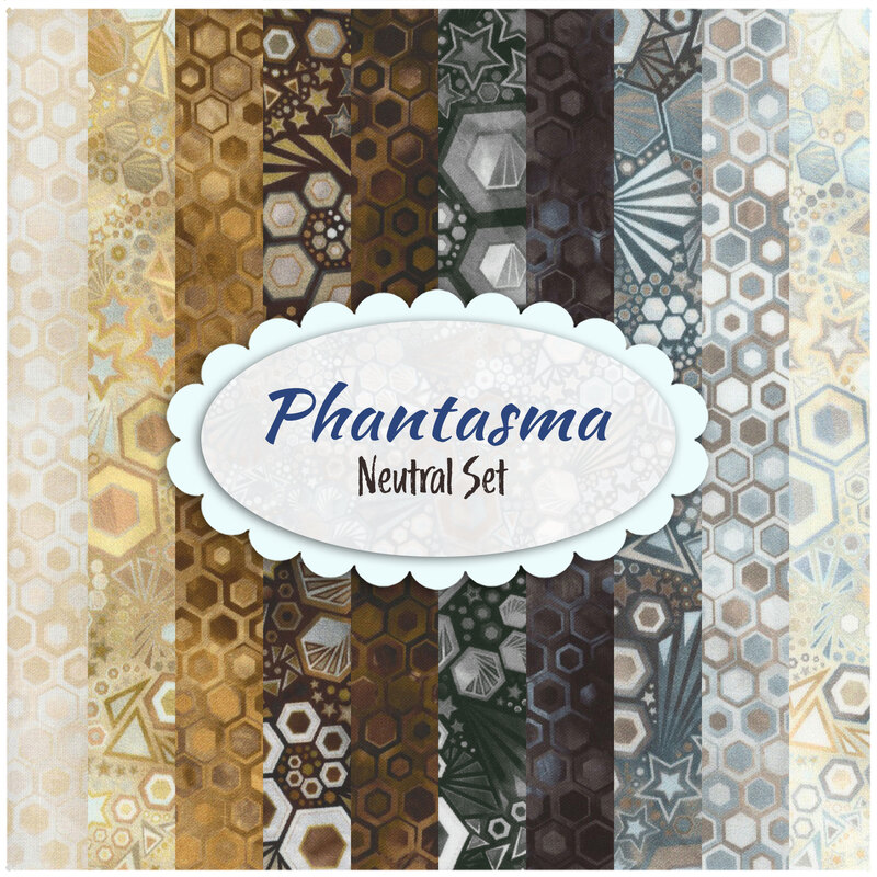A collage of neutral colored fabrics in the Phantasma neutral set