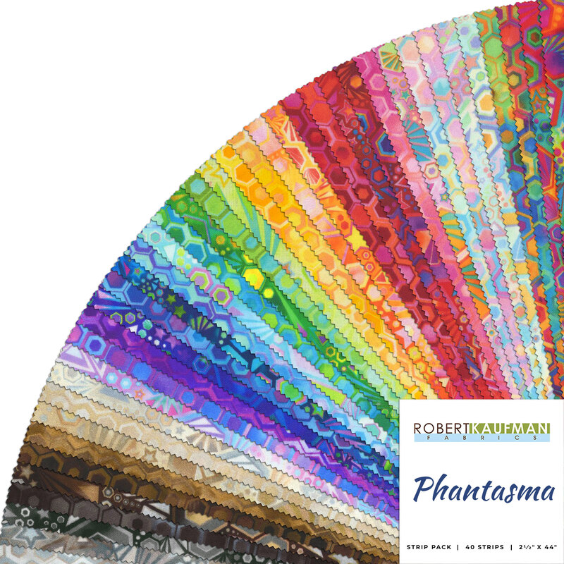 fanned out collage of the phantasma fabrics in a rainbow of colors