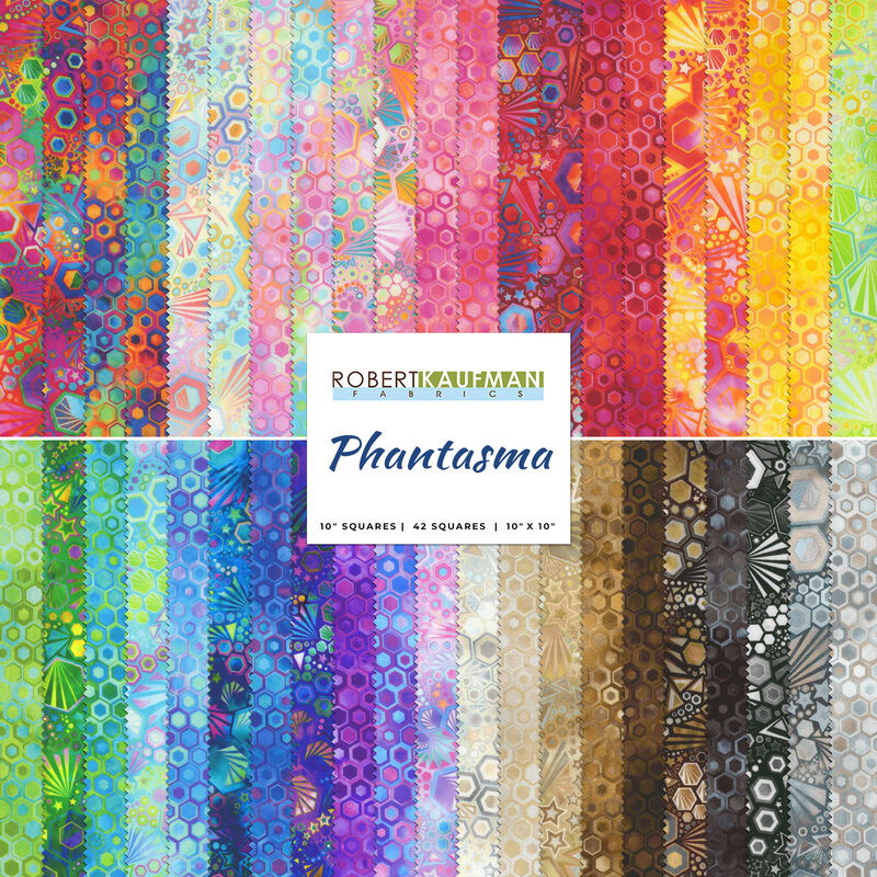 collage of the phantasma fabrics in a rainbow of colors
