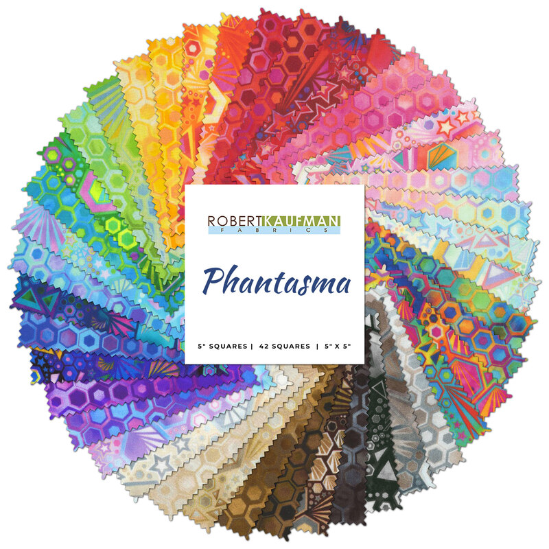 splayed out collage of the phantasma fabrics in a rainbow of colors