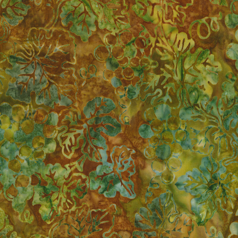 Brown and sage mottled fabric with a pattern of creeping mottled green grape vines.