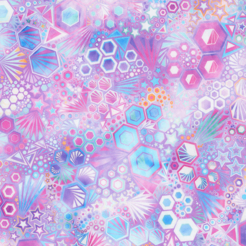 stunning abstract fabric featuring packed together hexagons, stars, triangles, and ray bursts, in lovely shades of pink, purple, blue, white, and orange