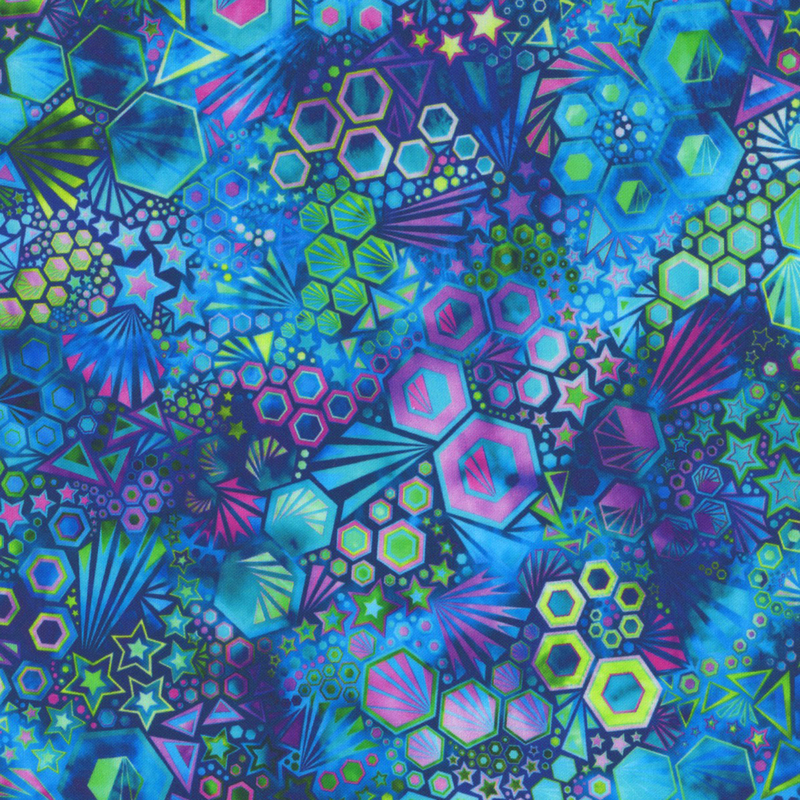 stunning abstract fabric featuring packed together hexagons, stars, triangles, and ray bursts, in lovely shades of vibrant blue, purple, green, and fuchsia