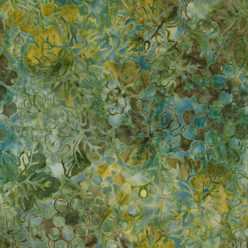Green and blue mottled fabric with a pattern of creeping mottled sage and green grape vines.