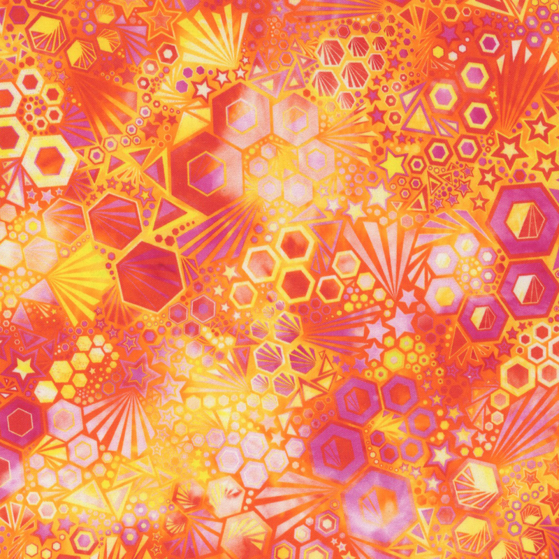 stunning abstract fabric featuring packed together hexagons, stars, triangles, and ray bursts, in lovely shades of vibrant red, orange, yellow, and fuchsia