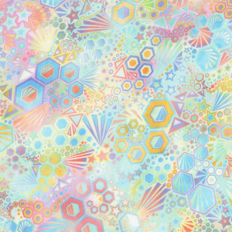 stunning abstract fabric featuring packed together hexagons, stars, triangles, and ray bursts, in lovely shades of pastel blue, yellow, pink, peach, and green