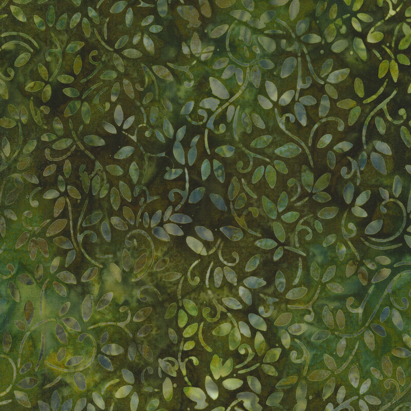 Mottled green fabric with a pattern of swirling mottled green and blue vines.