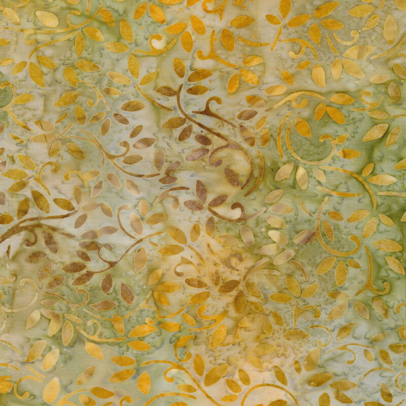 Mottled tan fabric with a pattern of swirling mottled yellow and brown vines.