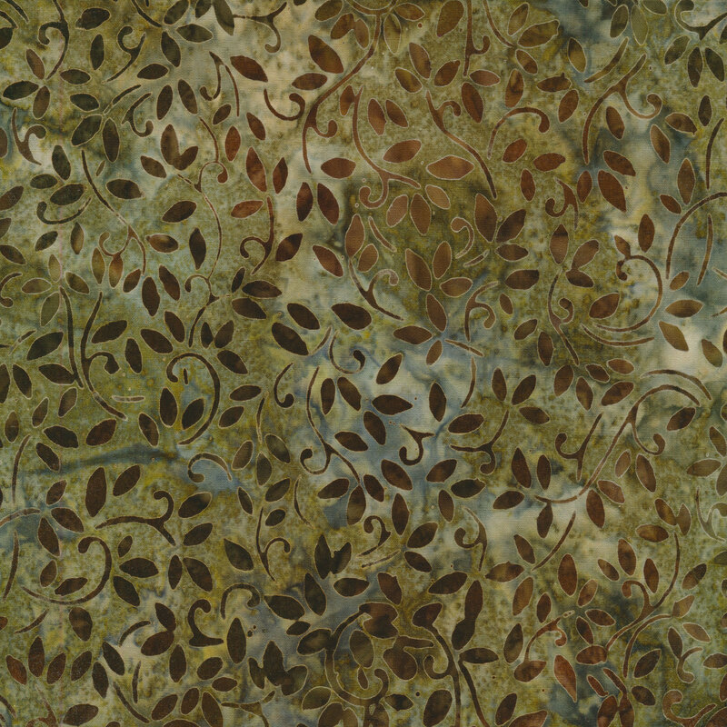 Mottled sage fabric with a pattern of swirling mottled brown vines.