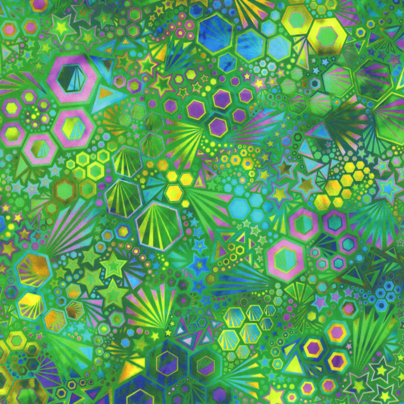 stunning abstract fabric featuring packed together hexagons, stars, triangles, and ray bursts, in lovely shades of vibrant green, blue, yellow, and purple