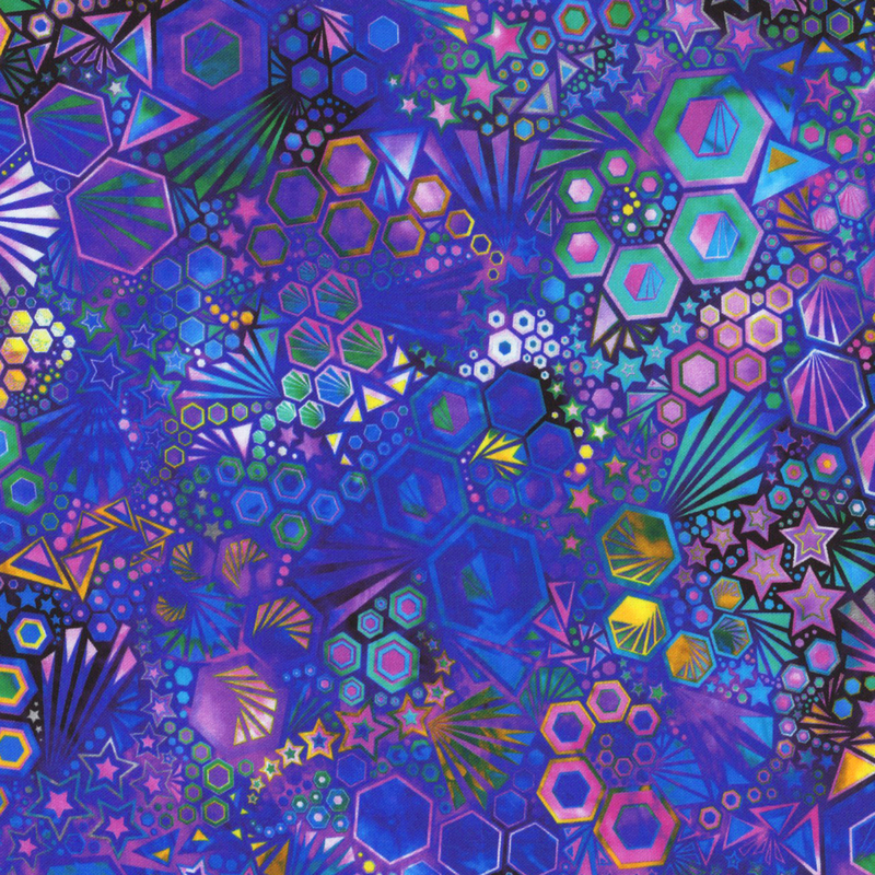 stunning abstract fabric featuring packed together hexagons, stars, triangles, and ray bursts, in lovely shades of vibrant blue, purple, pink, yellow, and green