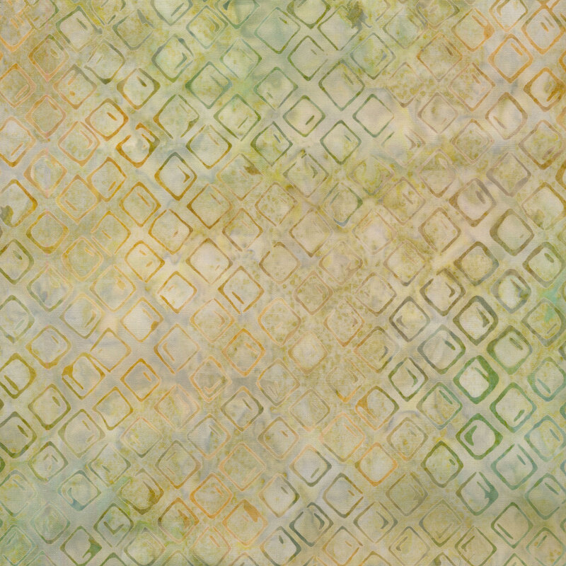 Mottled tan fabric with a pattern of mottled sage diamonds in a tile design.