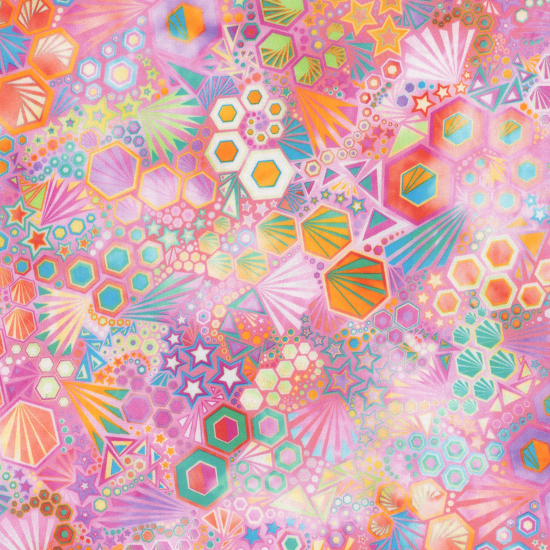 stunning abstract fabric featuring packed together hexagons, stars, triangles, and ray bursts, in lovely shades of pink, teal, orange, yellow, and green