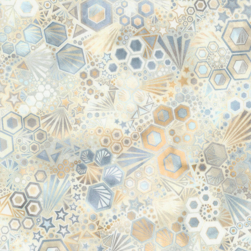 stunning abstract fabric featuring packed together hexagons, stars, triangles, and ray bursts, in lovely shades of cream, tan, and gray