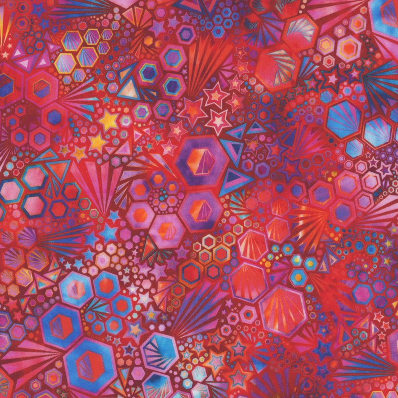 stunning abstract fabric featuring packed together hexagons, stars, triangles, and ray bursts, in lovely shades of vibrant red, blue, orange, purple, and pink