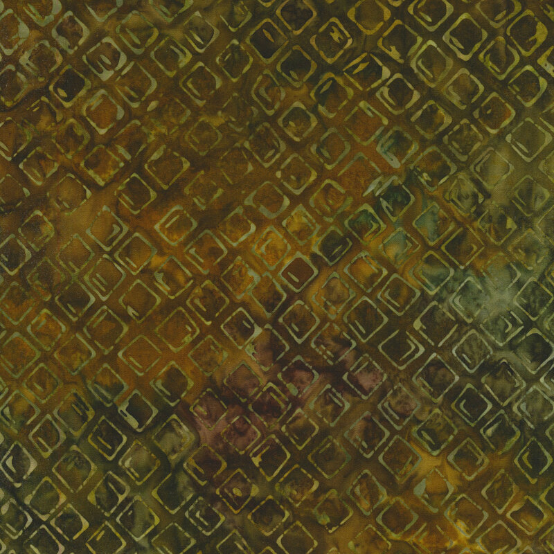 Mottled brown and green fabric with a pattern of mottled sage diamonds in a tile design.