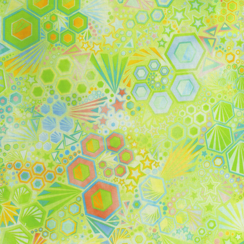stunning abstract fabric featuring packed together hexagons, stars, triangles, and ray bursts, in lovely shades of vibrant green, blue, orange, and yellow