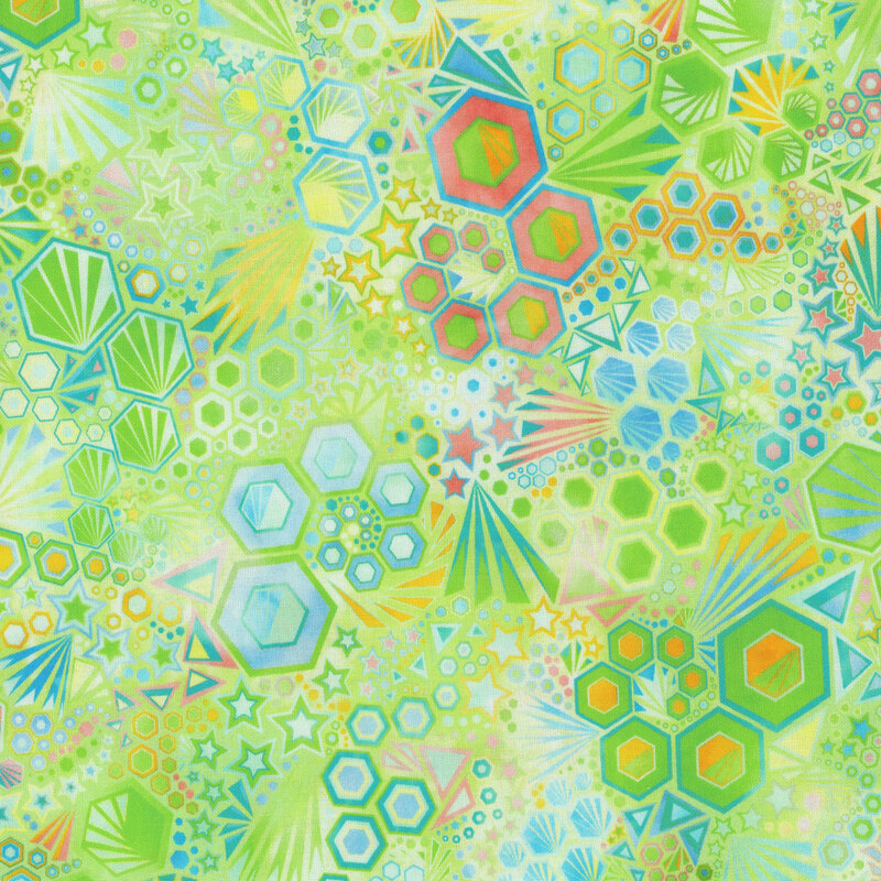 stunning abstract fabric featuring packed together hexagons, stars, triangles, and ray bursts, in lovely shades of vibrant green, blue, orange, and yellow