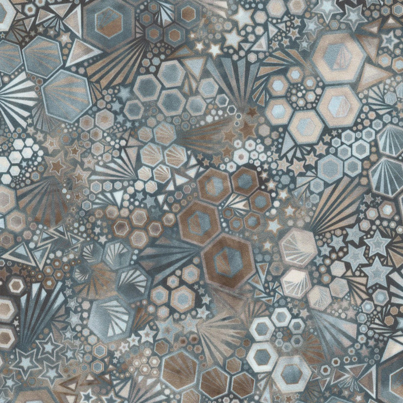 stunning abstract fabric featuring packed together hexagons, stars, triangles, and ray bursts, in lovely shades of gray and brown