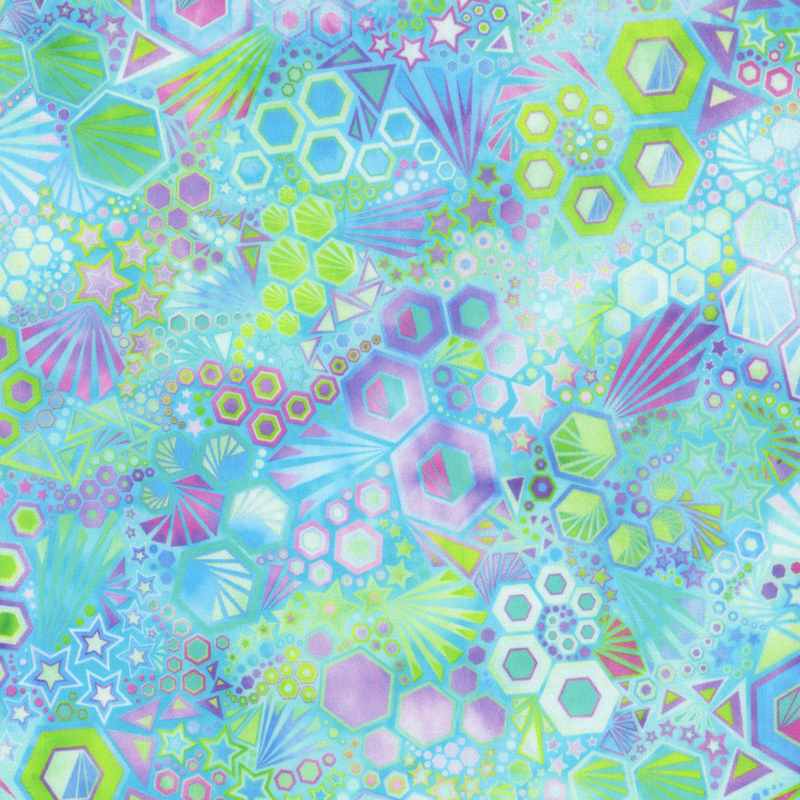 stunning abstract fabric featuring packed together hexagons, stars, triangles, and ray bursts, in lovely shades of vibrant aqua, light blue, green, pink, and purple