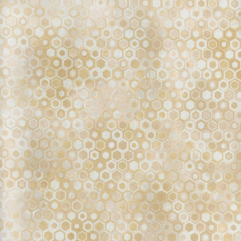 beautiful geometric fabric featuring a honeycomb pattern with nestled hexagons in lovely shades of cream, light brown, and tan mottling