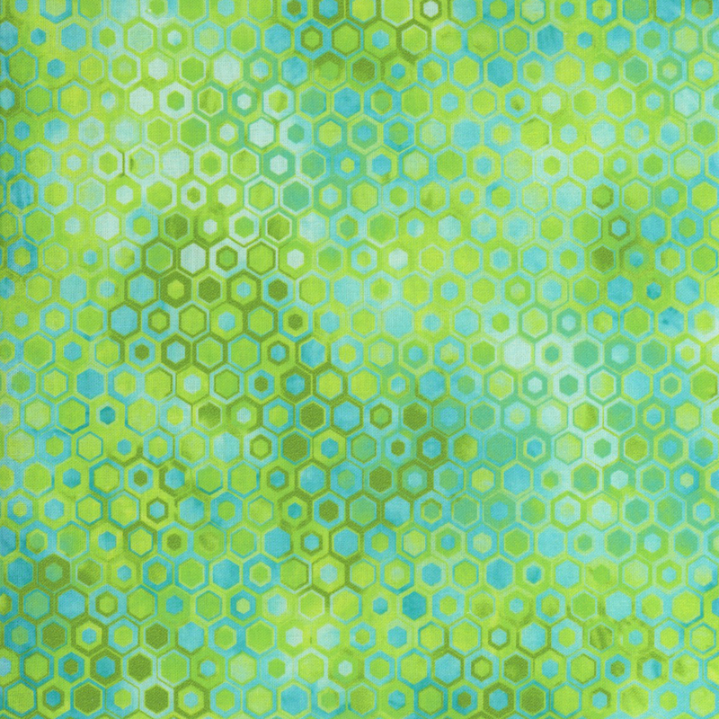 beautifully mottled geometric fabric featuring a honeycomb pattern filled with nestled hexagons in varied shades of vibrant green, cyan, and aqua