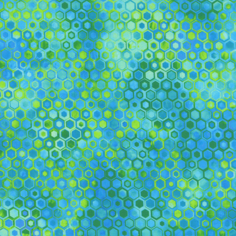 beautifully mottled geometric fabric featuring a honeycomb pattern filled with nestled hexagons in varied shades of vibrant teal, cyan, and green