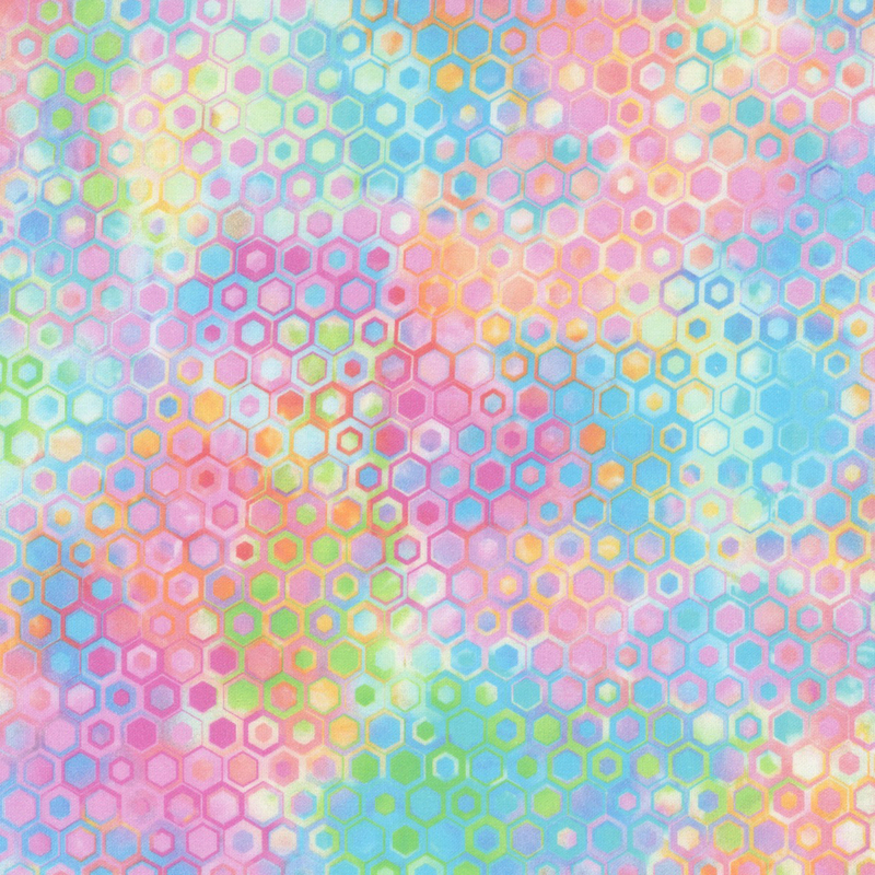 beautifully mottled geometric fabric featuring a honeycomb pattern filled with nestled hexagons in varied shades of pastel pink, blue, green, yellow, orange, and purple