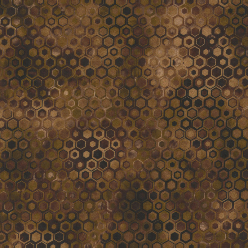 beautifully mottled geometric fabric featuring a honeycomb pattern filled with nestled hexagons in varied shades of brown and tan