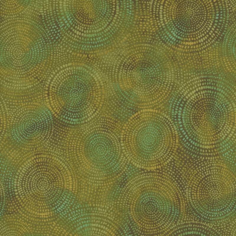 Photo of dusty green mottled fabric with pale tonal rings made up of tiny dashes