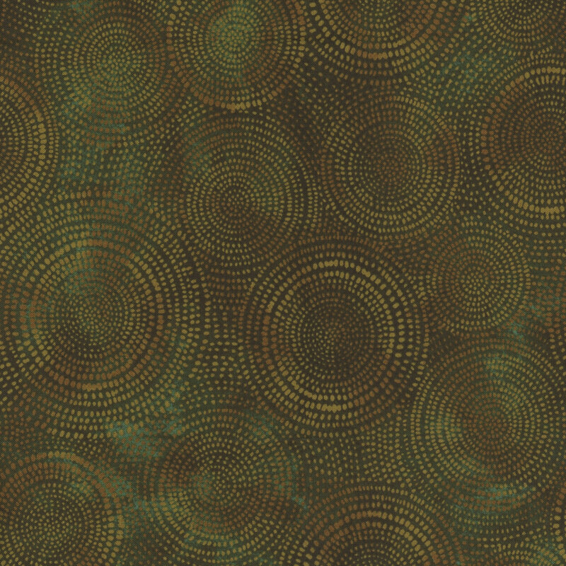 Photo of dark green mottled fabric with pale tonal rings made up of tiny dashes