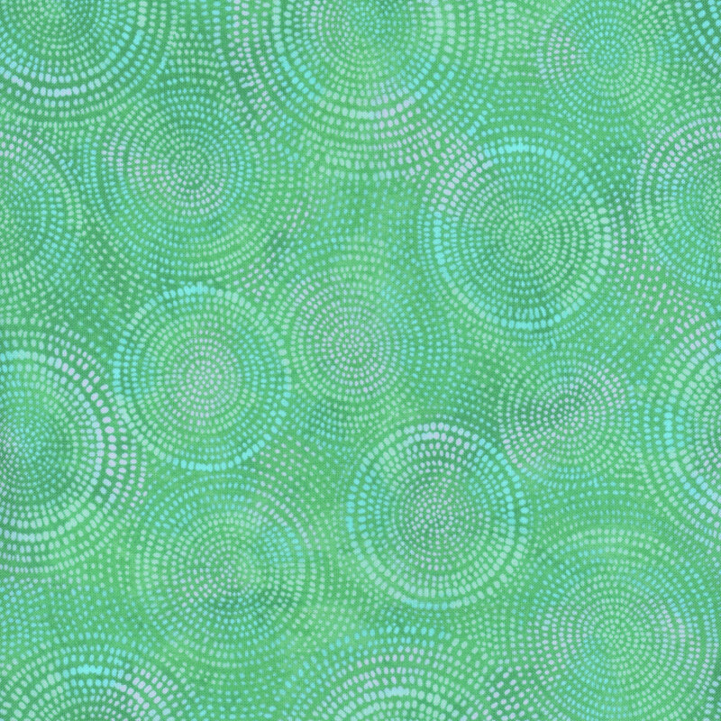 Photo of bright teal mottled fabric with pale tonal rings made up of tiny dashes