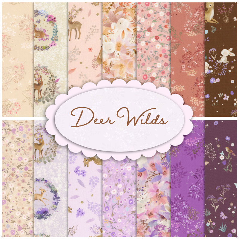collage of all deer wilds fabrics in soft shades of pink, cream, purple, and brown