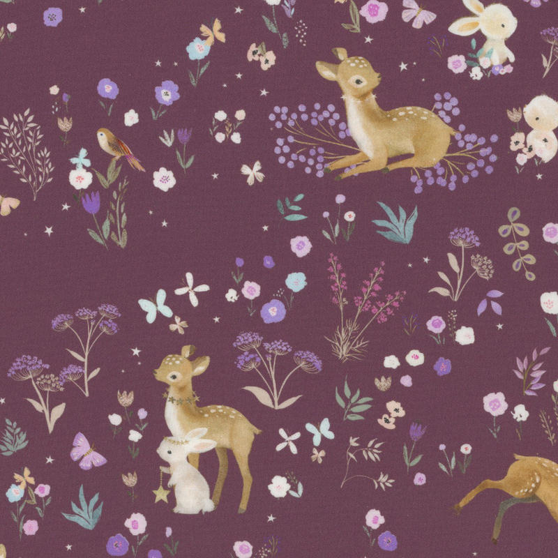 adorable plum fabric with scattered butterflies, sparrows, flowers, bunnies, and deer