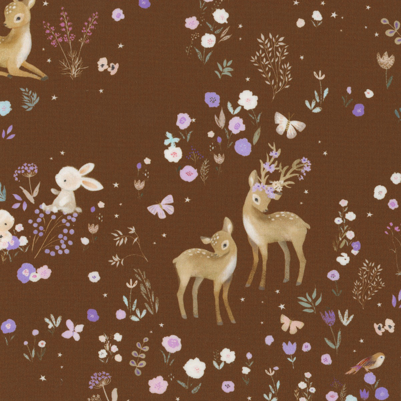 adorable chocolate brown fabric with scattered butterflies, sparrows, flowers, bunnies, and deer