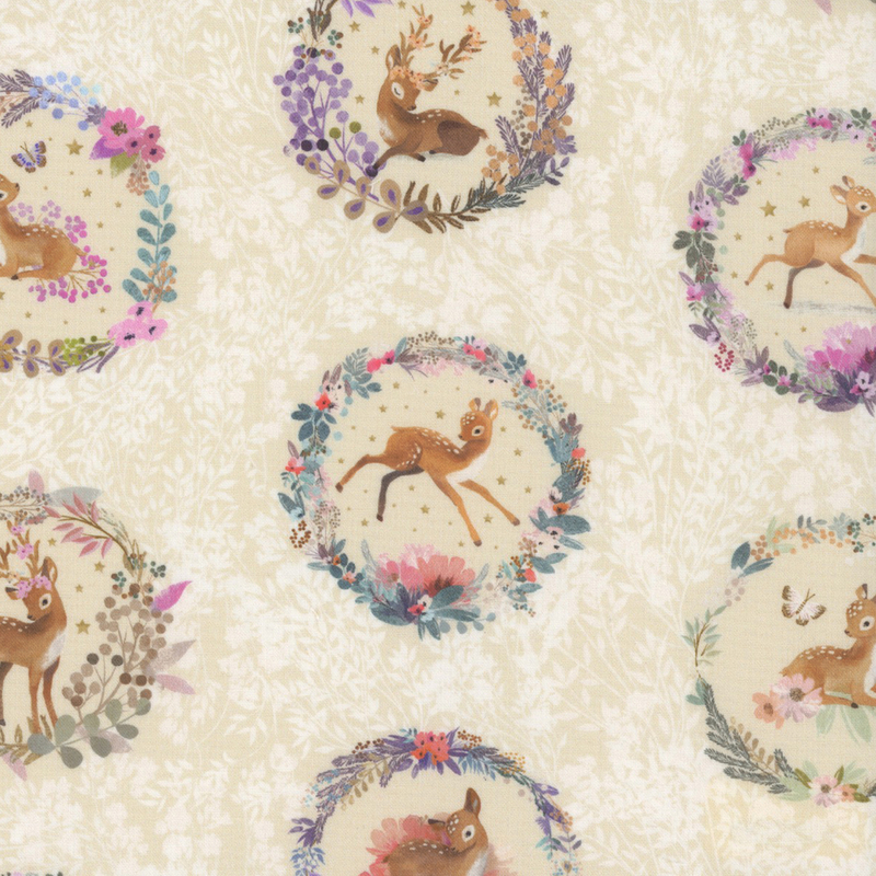 lovely cream fabric with white background wildflowers and alternating rows of adorable deer portraits in flower wreath frames